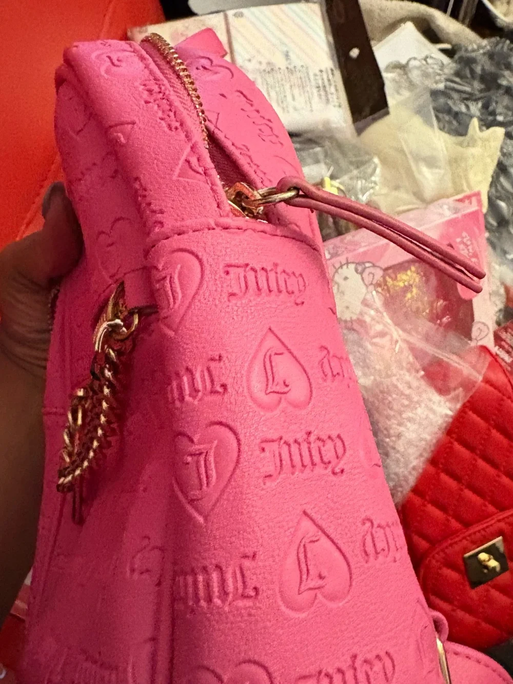 Juicy Couture Vibrant Pink Embossed Mini Backpack with Gold Chain Detail